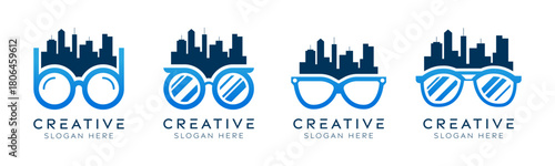 Set of city eyeglasses logo design templates. Modern isolated city with eyeglasses design for technology, urban planning and optical stores.