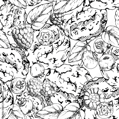 Gelato sorbet ice cream scoops with mint sprigs and fresh blueberry, raspberry berries. graphic seamless pattern illustration hand drawn in vector ink. Summer snack design, frozen menu sheet, eco wrap