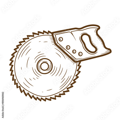 Detailed brown sketch vintage circular saw tool illustration on white background