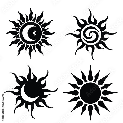 Stylized black and white sun and moon celestial symbols. Mystical designs suitable for spiritual iconography, astrology themes, graphic elements, and unique tattoo art