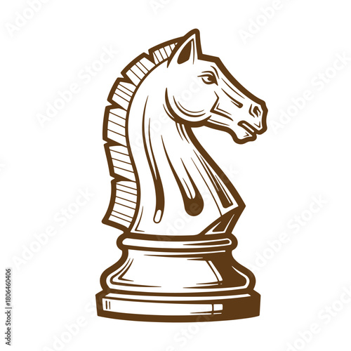 Detailed illustration of a chess knight piece in a brown sketch vintage style