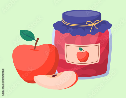 Cartoon Color Whole and Cut Apple and Jam in Glass Concept Jar Flat Design Style. Vector illustration