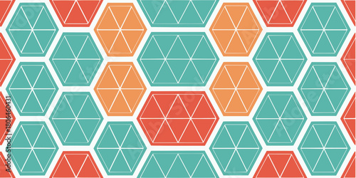 A repeating pattern of colorful hexagons with intersecting lines