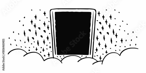 A hand drawn smartphone emitting sparkling stars and a wave like energy