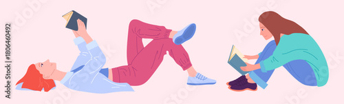 Cartoon Color Characters People Readers with Books in Different Positions Set Concept Flat Design Style. Vector illustration