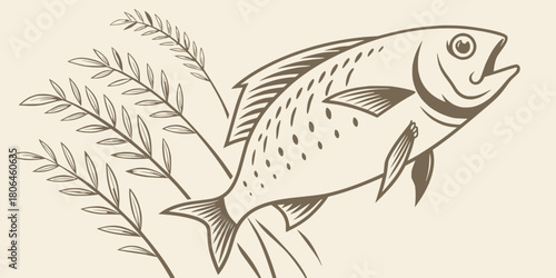 Vintage illustration of a fish swimming amongst leafy botanical branches