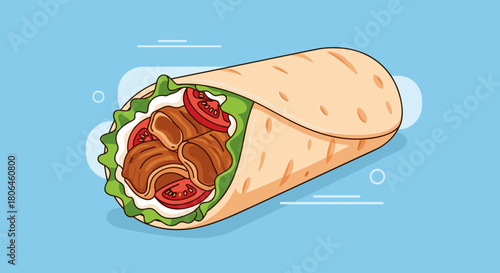 Delicious wrap with meat, lettuce, and tomatoes on vibrant blue background