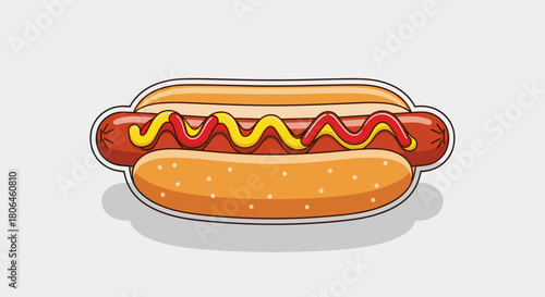 Tasty hotdog with mustard and ketchup on light gray background
