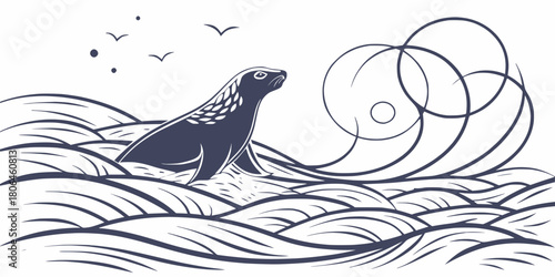 A dark seal rests upon stylized waves with flying birds above