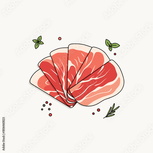Slices of fresh prosciutto with herbs and spices on light background for culinary concepts