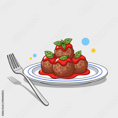 Delicious meatballs with tomato sauce and basil on plate with fork on light background for food concepts