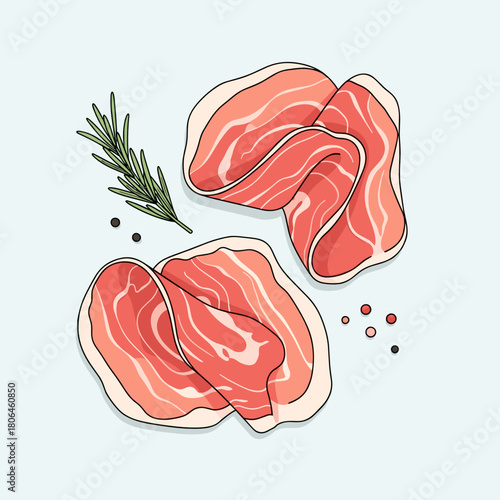 Slices of fresh prosciutto with rosemary and pepper on light blue background for culinary concepts