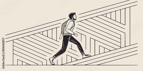 A man walking purposefully through a geometric stylized architectural space