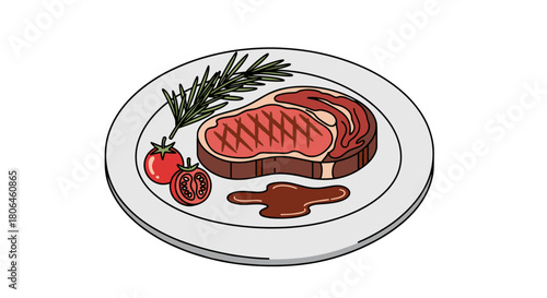 uicy grilled steak with tomatoes and rosemary on plate with sauce on white background for culinary concepts