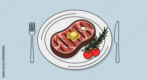 Grilled steak with butter, tomatoes, and rosemary on plate with fork and knife on light blue background for culinary concepts