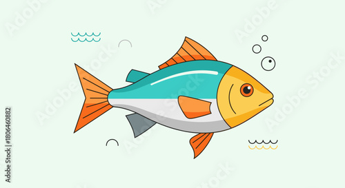 Colorful cartoon fish swimming in water on light green background for marine life concepts
