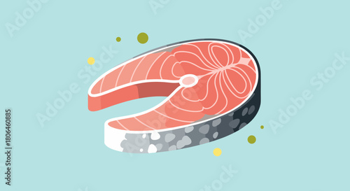 Fresh salmon steak on light blue background for culinary concepts