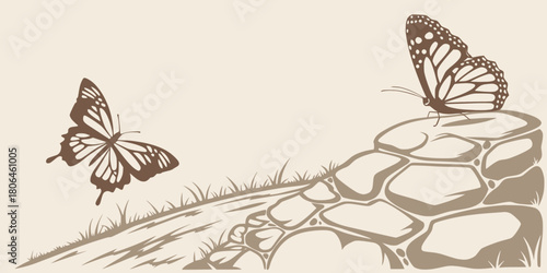 Two beautiful butterflies resting on and flying near stone structures