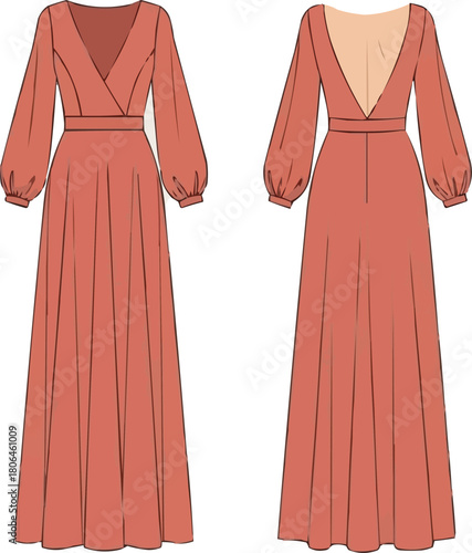 Flowy Maxi Dress Vector Illustration, V-Neck Wrap Bodice Evening Gown, Bishop Sleeve Elegant Women’s Dress Template