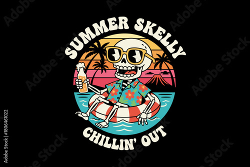 Skeleton chilling out on inflatable ring with a drink.