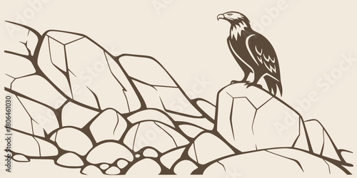 An eagle perched atop a rocky mountainous landscape in a vintage style