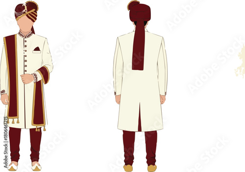 Indian Groom Sherwani Suit Vector Template with Shawl and Dhoti Bottom, Front and Back View