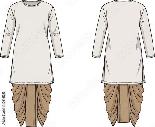 Men’s Long Kurta with Dhoti Drape Pants Vector Illustration, Traditional Indian Ethnic Clothing