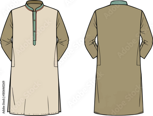 Men's Long Kurta Pyjama Vector Template, Two-Tone Indian Ethnic Outfit with Contrast Collar and Placket