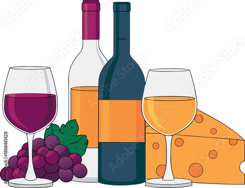 red wine bottle with glass cheese and grapes