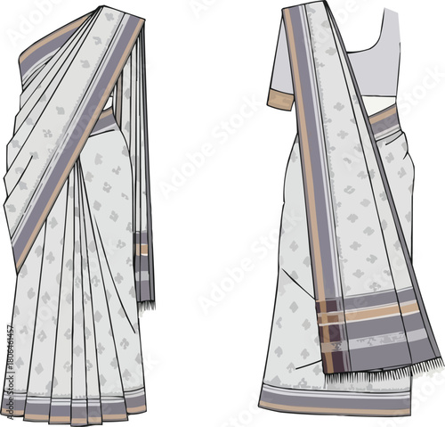 White Indian saree vector template with grey and brown dobby border, traditional draped garment mockup, ethnic geometric print