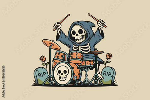 Grim Reaper Playing Drums with Skeleton Face and Roses.