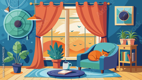 Cozy living room with a sleeping cat on an armchair, warm sunset light through the window, indoor plants, curtains, books and a cup of drink creating a peaceful relaxing atmosphere