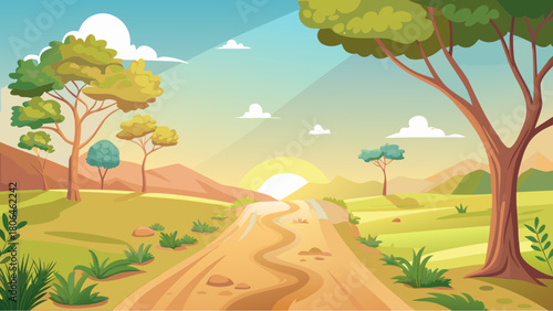 Scenic countryside road at sunrise with trees, green fields, mountains and soft clouds under a clear sky in a peaceful cartoon landscape