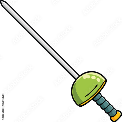 A simple and colorful cartoon illustration of a classic fencing foil or rapier sword, representing concepts of dueling, sport, and historical combat