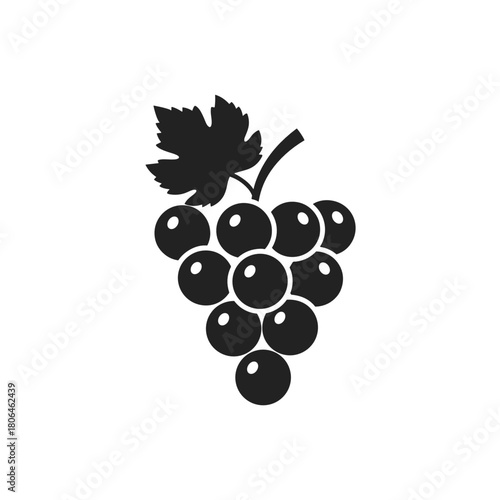 Black silhouette of grape cluster with leaves on white background for healthy food concepts