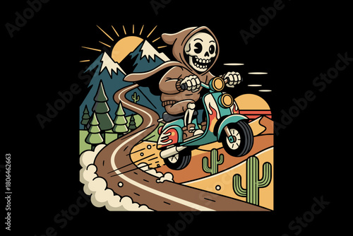 Grim Reaper Skeleton Riding a Scooter on a Desert Road.