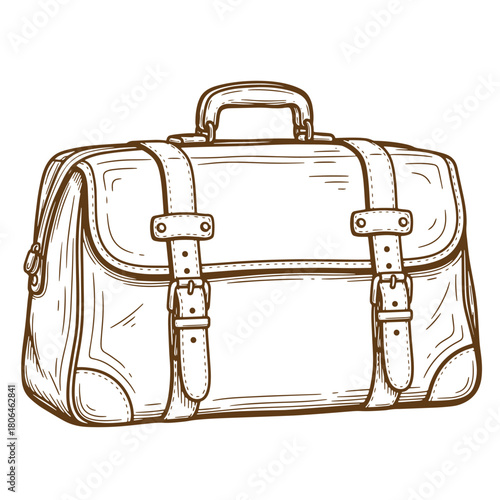 Detailed sketch of a vintage leather briefcase with buckles and a handle isolated