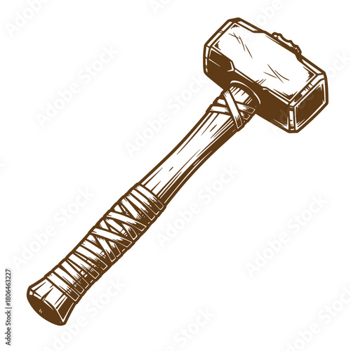 Detailed sketch vintage illustration of a brown sledgehammer on a white background