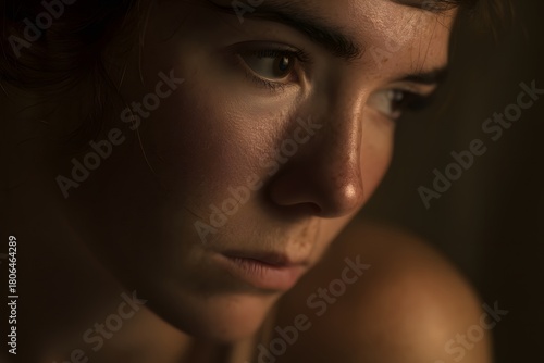 Close up portrait of woman looking off to the side with thoughtful expression