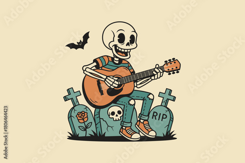 Skeleton playing guitar in a graveyard setting.