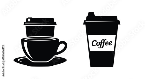 Black and white illustration depicting coffee cups and a to go beverage