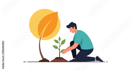 Vector illustration of man planting a tree seedling in spring season
