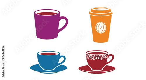 Four colorful cups of coffee and tea presented in a simple illustration