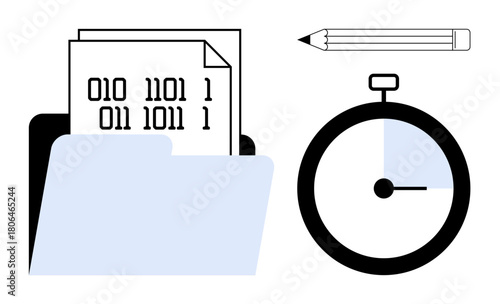 Folder contains binary code documents next to a stopwatch and pencil, symbolizing data processing, organization, analytics, productivity, task management. Ideal for tech, education, and planning