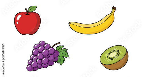 A colorful illustration depicting an apple banana grapes and a kiwi fruit