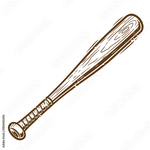 Hand drawn illustration of a wooden baseball bat in a sketched vintage style for sports designs