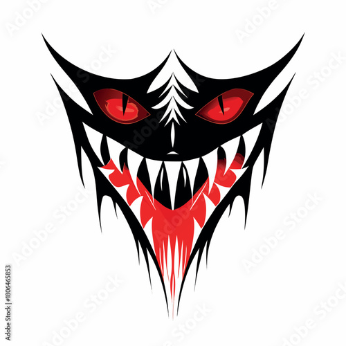 Creepy Illustration: A sinister, abstract monster illustration features sharp teeth and fiery red eyes, conjuring a sense of fear and apprehension. 