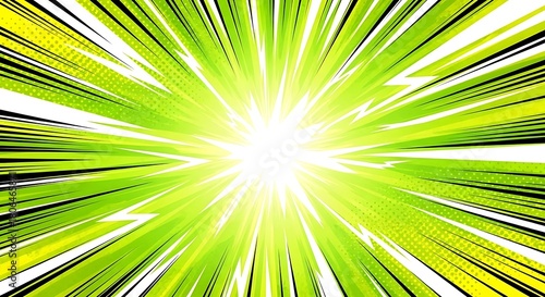 Green burst background with radial lines and halftone dots isolated on white background
