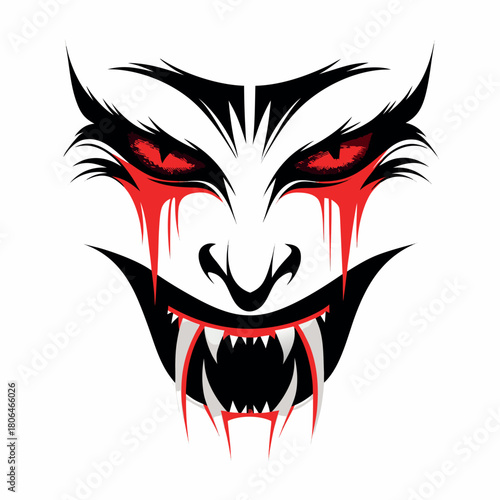 Evil Smile: A menacing illustration showcases a terrifying face with bloodshot eyes and sharp fangs, embodying the darkness and horror.