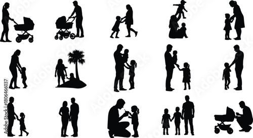 family, parents, children, silhouette, bonding, walking, playing, stroller, motherhood, fatherhood, care, childhood, support, parenting, togetherness